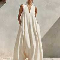 Linen Blend Sleeveless Stand-Collar Maxi Dress – 5 Colors S–3XL