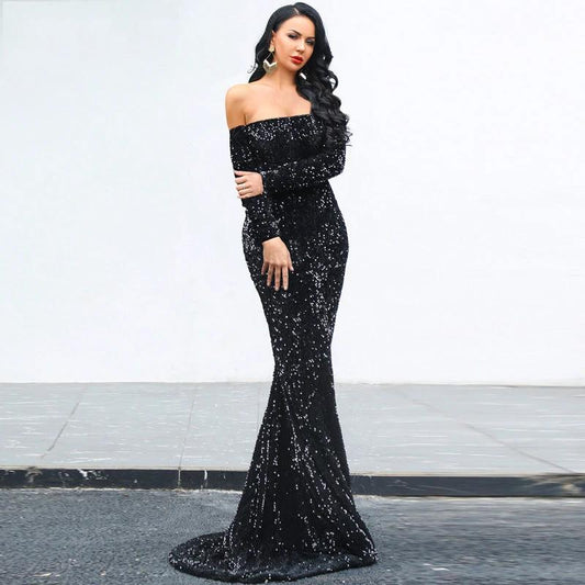 Sexy Strapless Long Sleeve Sequins Party Evening Dress MANDOTOS