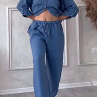 Wide-Leg Pants & Lace-Up Top Two-Piece Set – Solid Color, 12 Colors S–5XL