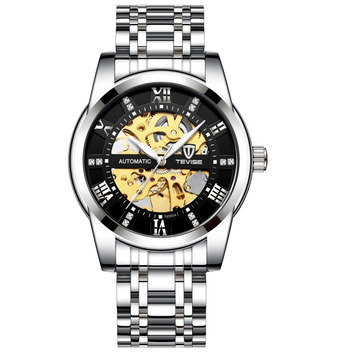 Tevise mechanical skeleton watch with hollow steel bracelet, gold gears, silver case, black dial