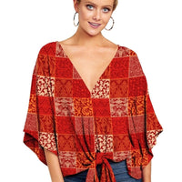 New V Neck Blouse Women Leopard Print Shirts Floral Tie Front Blouses Batwing Summer Oversize Ladies Tops - MANDOTOS INTERNATIONAL0