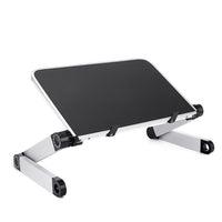 Foldable laptop stand with aluminum frame and black top; adjustable height and tilt, Ancient Energy.