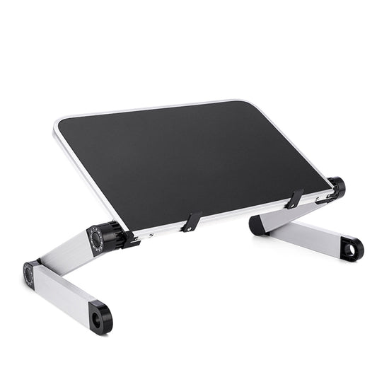 Foldable laptop stand with aluminum frame and black top; adjustable height and tilt, Ancient Energy.