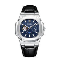 Watch: ONOLA blue dial mechanical with sun, moon, star design and open-heart, stainless steel case, black leather strap