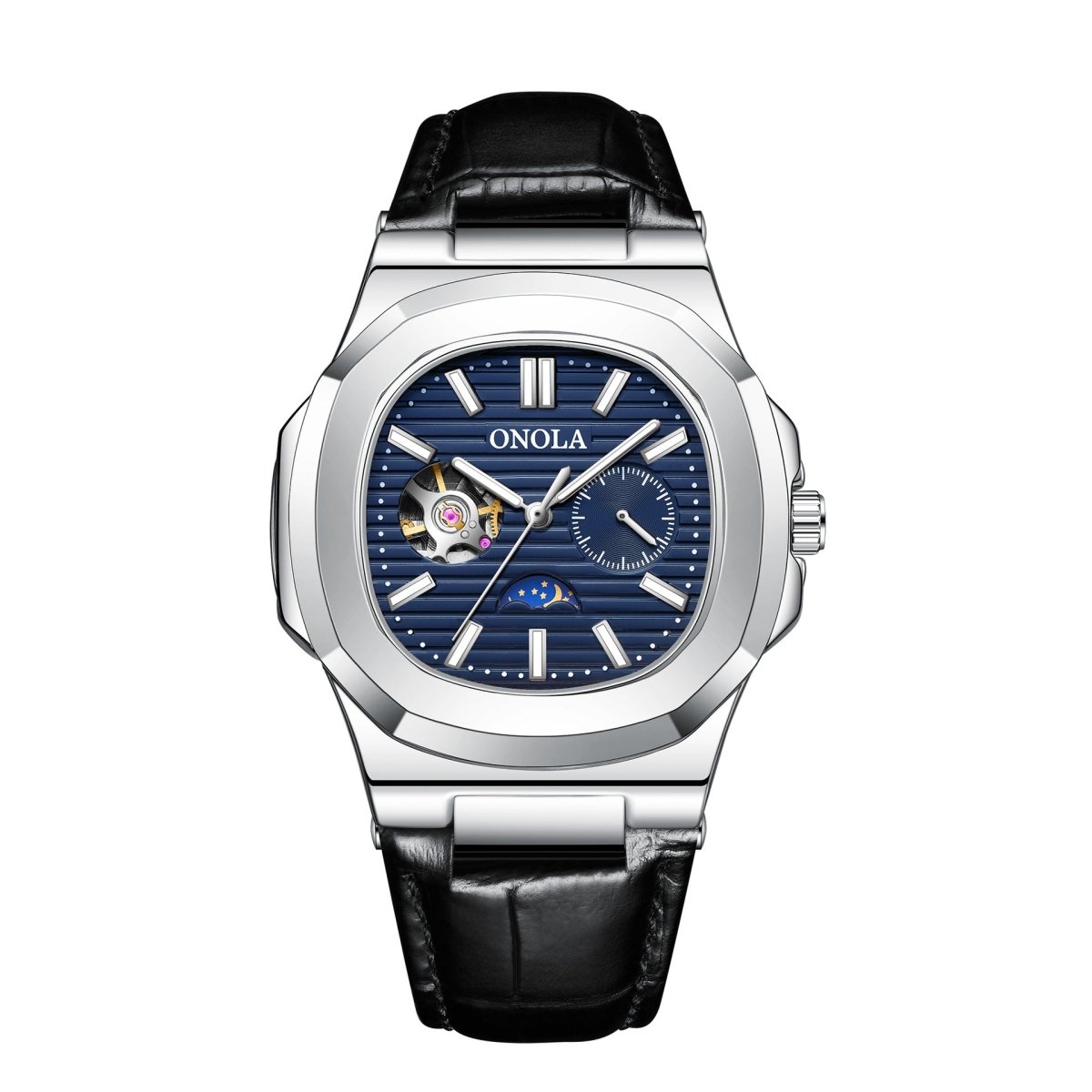 Watch: ONOLA blue dial mechanical with sun, moon, star design and open-heart, stainless steel case, black leather strap