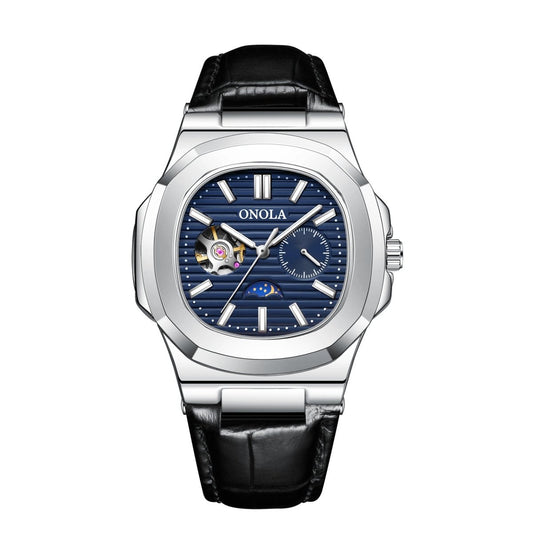 Watch: ONOLA blue dial mechanical with sun, moon, star design and open-heart, stainless steel case, black leather strap
