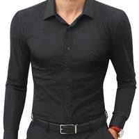 Mens slim-fit solid-color work shirt by Ancient Energy, black long-sleeve, button-down.