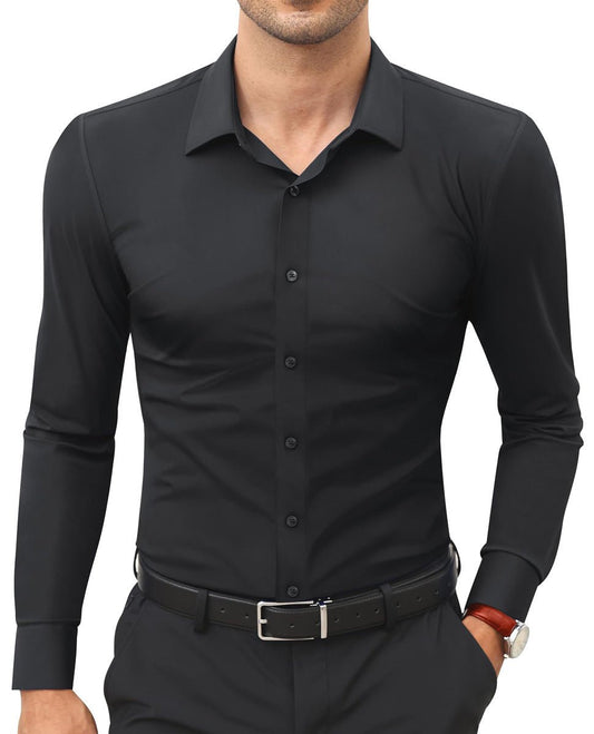 Mens slim-fit solid-color work shirt by Ancient Energy, black long-sleeve, button-down.