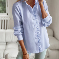 Striped Long Sleeve Shirt Fashion Ruffle Design Button Up Tops Casual Office Blouse Elegant Commuting Women's Clothing - MANDOTOS INTERNATIONAL0