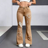 Stylish Casual Denim Jeans For Women in tan denim with distressed patches and heart-shaped tears