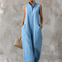Linen Blend Sleeveless Stand-Collar Jumpsuit – 5 Colors S–3XL