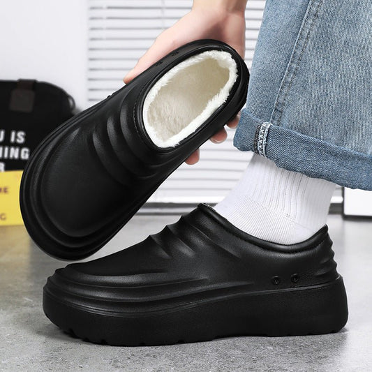 Insulated chef shoes, closed-toe cotton, black pair with plush white lining