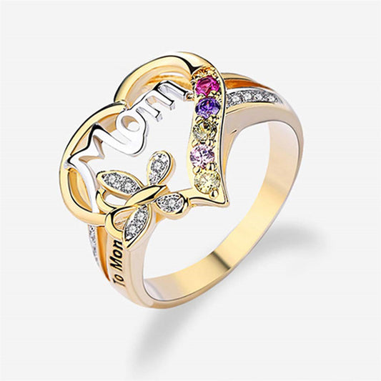 Mother's Day Gift Hollow Heart English Letter Love Mom Rhinestone Butterfly Finger Ring Jewelry Gift - MANDOTOS