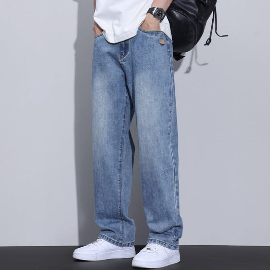 Fleece-Lined American-Style Retro Men's Straight-Leg High Street Pants in light blue denim by Ancient Energy