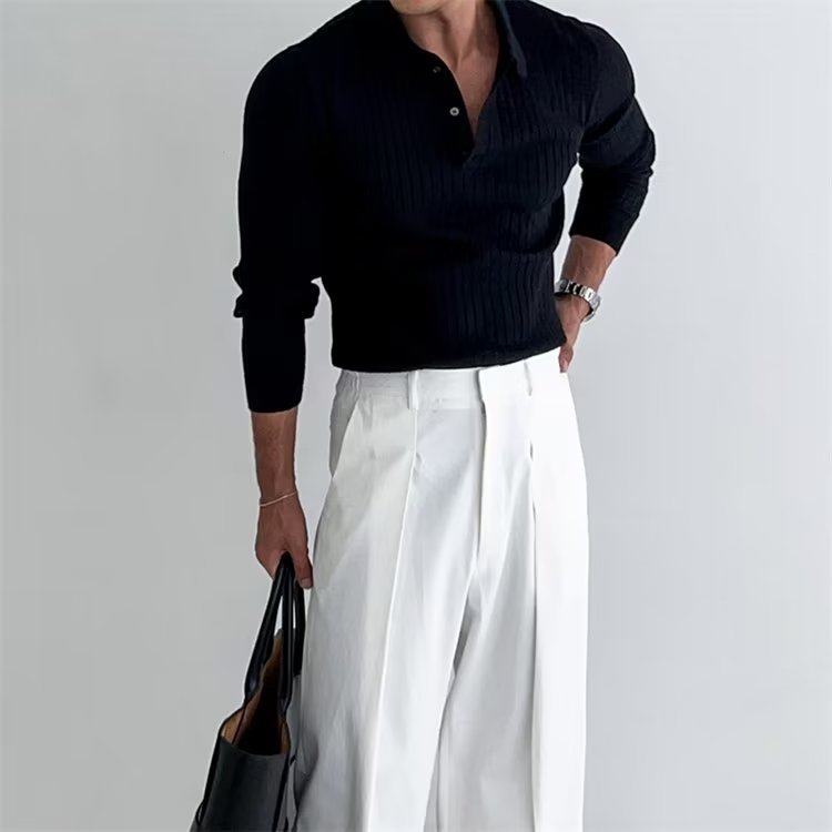 Lapel Button Long Sleeve Polo Shirt Slim Fashion Solid Striped Knitted Bottoming Shirt Top Men's Clothing - MANDOTOS