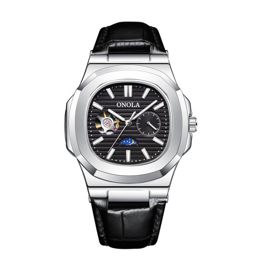 ONOLA mechanical watch with black striped dial, open-heart, moon phase, stainless steel case, and black leather strap