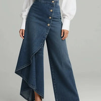 Women's blue denim wrap-front wide-leg pants with button row