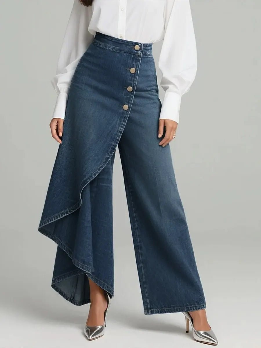 Women's blue denim wrap-front wide-leg pants with button row