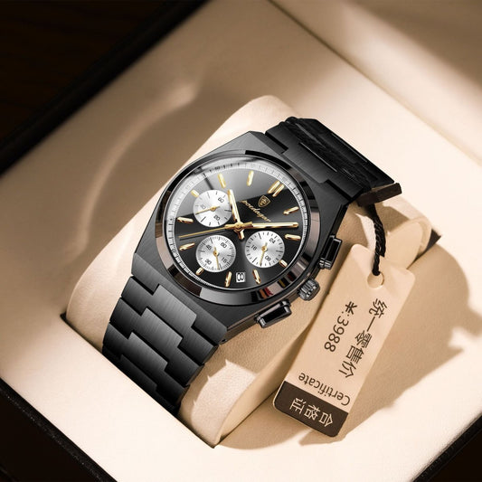 Mens waterproof luminous ultra-thin watch in black stainless steel with gold-tone hands and three subdials