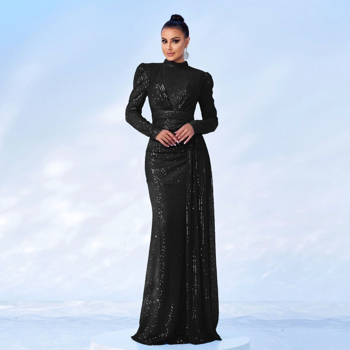Long Sleeve Round Neck Sexy Slim Long Sequined Banquet Dress MANDOTOS
