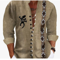 Men's fashion shirt, tan linen with black gecko graphic, button-down front, rolled cuffs