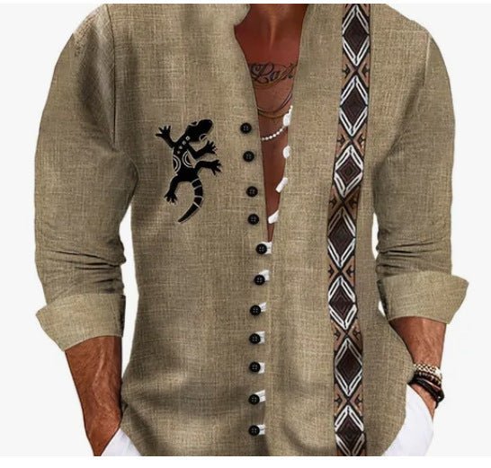 Men's fashion shirt, tan linen with black gecko graphic, button-down front, rolled cuffs