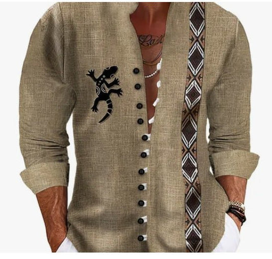 Men's fashion shirt, tan linen with black gecko graphic, button-down front, rolled cuffs