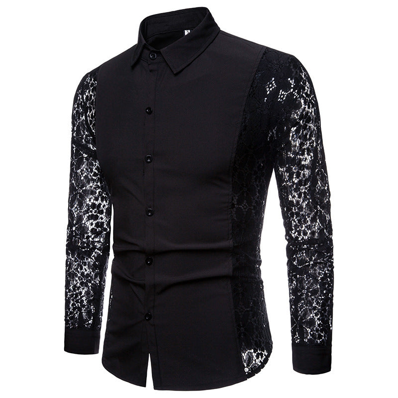 Men's Classic Black Lace-Collar Shirt
