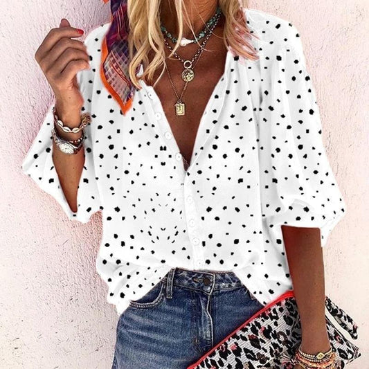 Printed Long Sleeve V - neck Button Ladies Blouse Women - MANDOTOS INTERNATIONAL0
