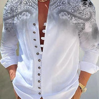 Mens Fashion 3D Printed Shirt Top, white long-sleeve with ornate shoulder pattern and metal button placket.