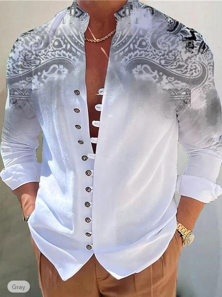 Mens Fashion 3D Printed Shirt Top, white long-sleeve with ornate shoulder pattern and metal button placket.