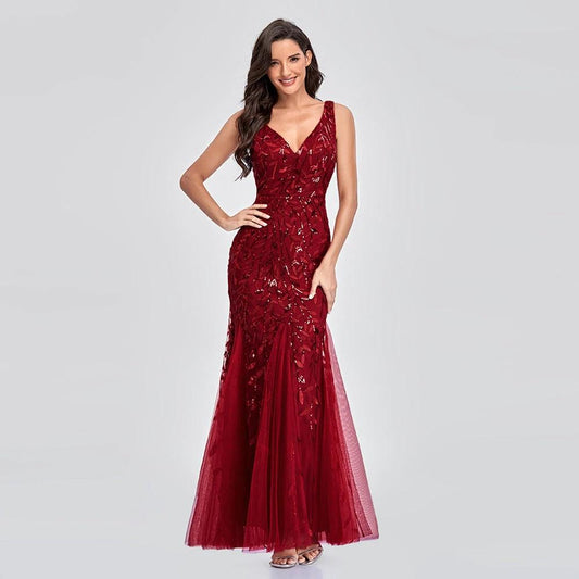 Sexy Long Dress Sleeveless V-neck Embroidered Sequin Slim Mermaid Dress MANDOTOS