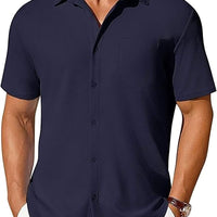 Men's short-sleeve button-up shirt, navy, with wrinkle- and crease-resistant fabric.