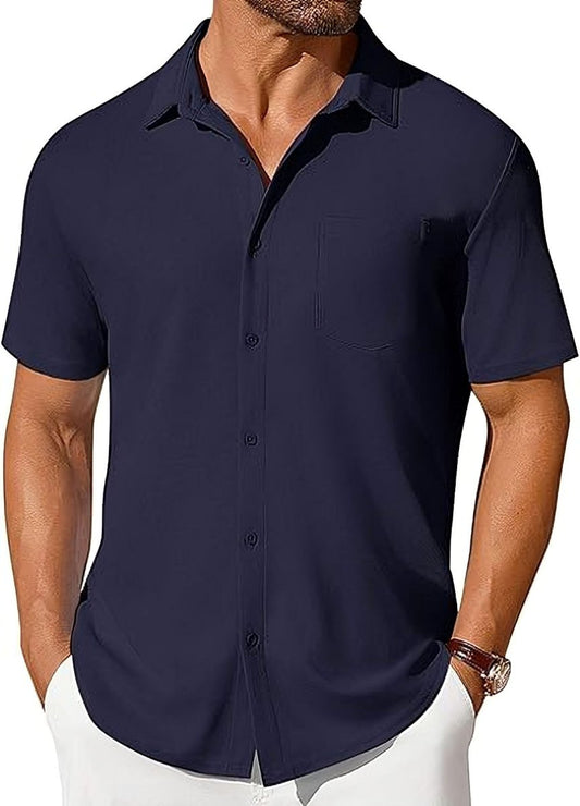 Men's short-sleeve button-up shirt, navy, with wrinkle- and crease-resistant fabric.