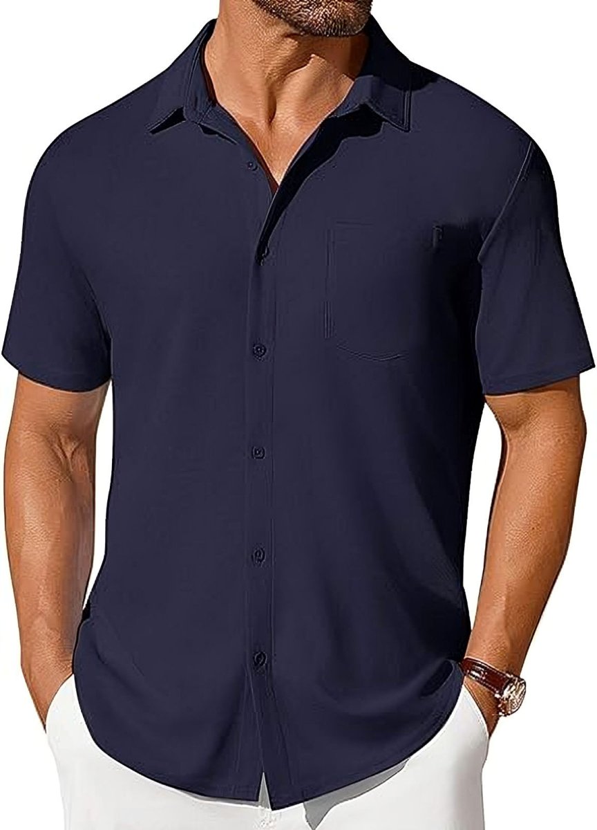 Men's short-sleeve button-up shirt, navy, with wrinkle- and crease-resistant fabric.