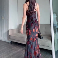 Flocked Strappy Maxi Dress by Ancient Energy, black with red floral flocking, lace-up back, floor-length