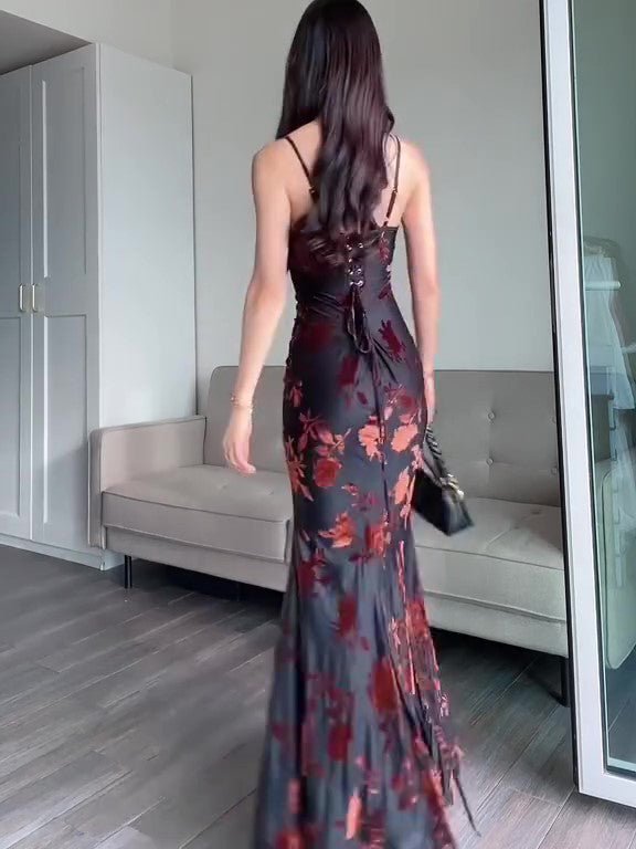Flocked Strappy Maxi Dress by Ancient Energy, black with red floral flocking, lace-up back, floor-length