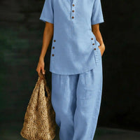 Three-Quarter Sleeve Shirt & Wide-Leg Pants Two-Piece Set – Solid Color Casual