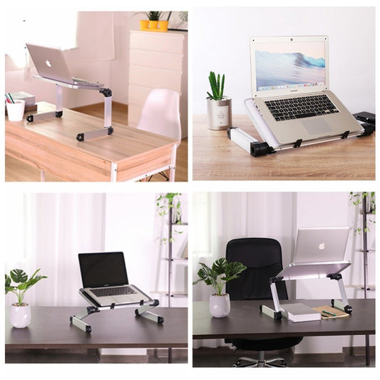 Foldable laptop stand by Ancient Energy; ergonomic silver desk/tablet holder shown across four workstations