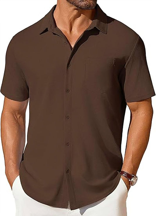 Mens short-sleeve wrinkle-resistant brown button-up shirt by Ancient Energy with chest pocket.