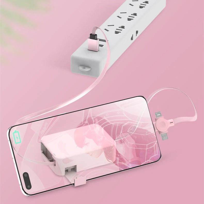 4 In 1 Retractable USB Cable Creative Macaron Type C Micro Cable For I Phone With Phone Stand Charging Data Cable Line Storage Box MANDOTOS