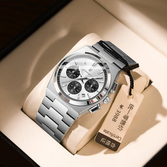 Mens Waterproof Multifunctional Luminous Ultra-thin Watch in silver stainless steel with black subdials by Ancient Energy