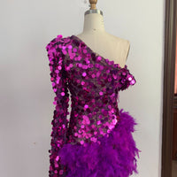 Purple Sequined Feather Skirt One-shoulder Sleeve Short Dress Luxury Party Stage Performance Dress