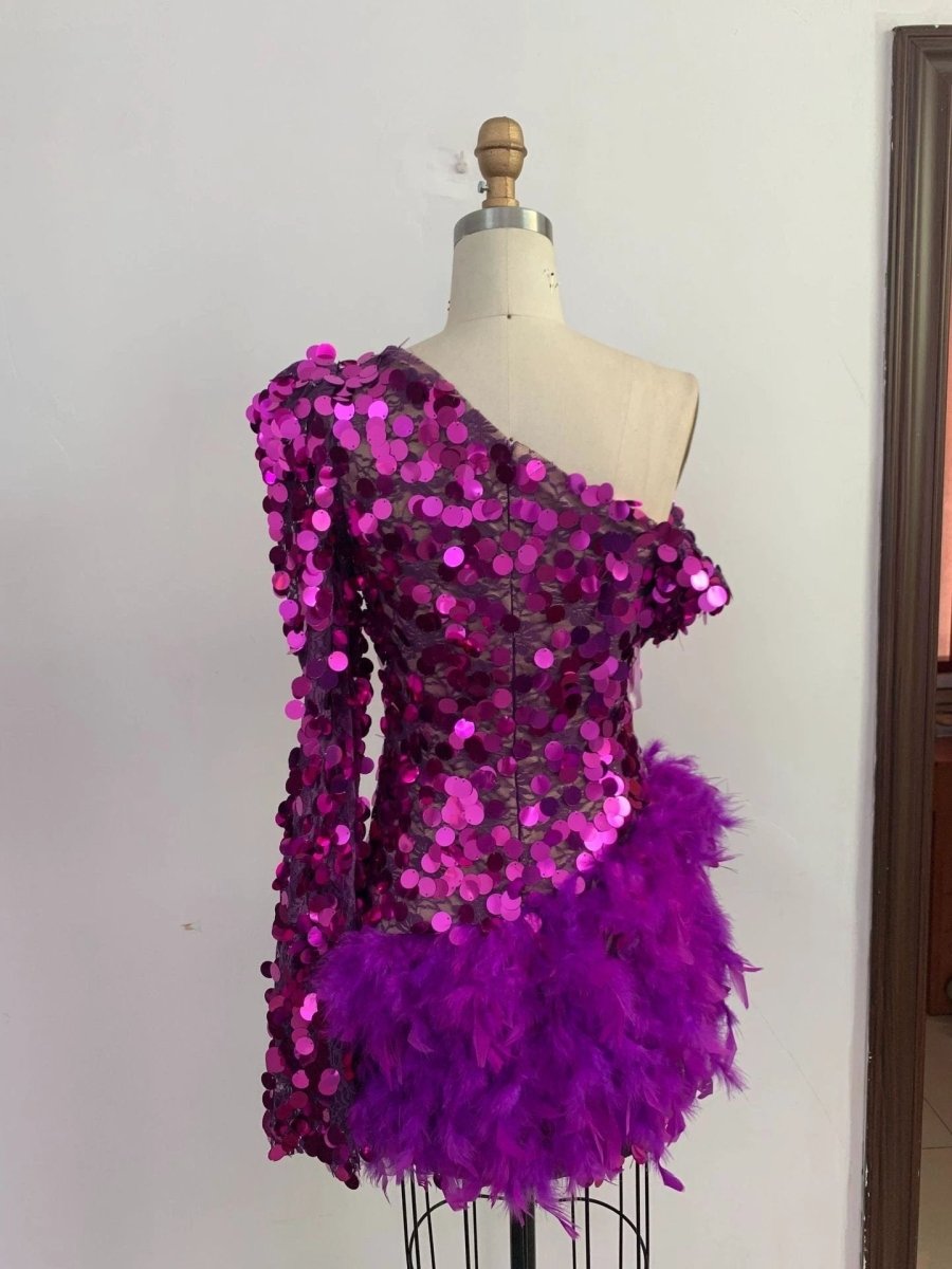 Purple Sequined Feather Skirt One-shoulder Sleeve Short Dress Luxury Party Stage Performance Dress MANDOTOS