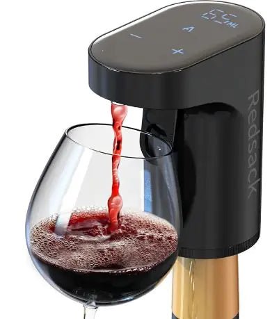 MANDOTOS INTERNATIONAL Smart Wine Pourer in black pouring red wine into a glass