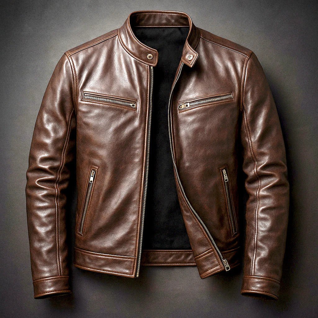 Mens PU Leather Motorcycle Jacket with Stand-Up Collar, brown