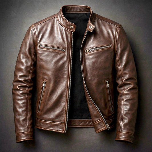 Mens PU Leather Motorcycle Jacket with Stand-Up Collar, brown