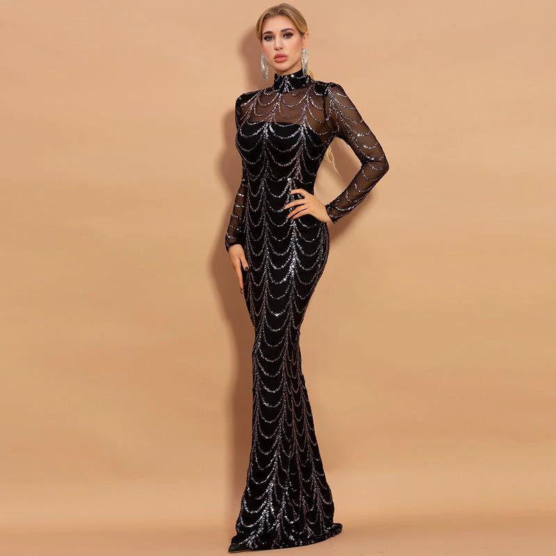 Sequins Women Maxi Dresses Long Sleeve Female Party Dresses MANDOTOS
