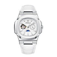 ONOLA mechanical watch with sun moon and stars dial, white dial, white leather strap, silver case