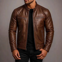 Mens brown PU leather motorcycle jacket with stand-up collar; chest and side zip pockets, Ancient Energy
